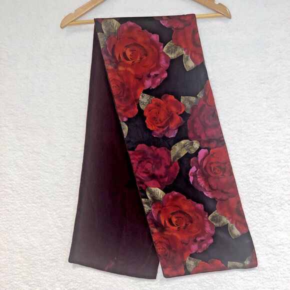 Red Rose & Burgundy Velvet Women's Scarf  Romantic Old World Style 55L X 10 1/4W - Picture 2 of 16